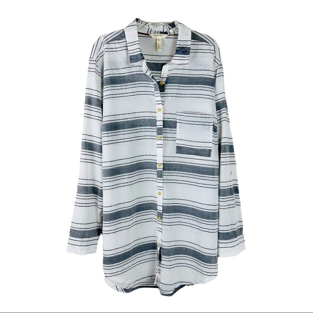 Matilda Jane white grey striped lightweight button down coastal shirt large